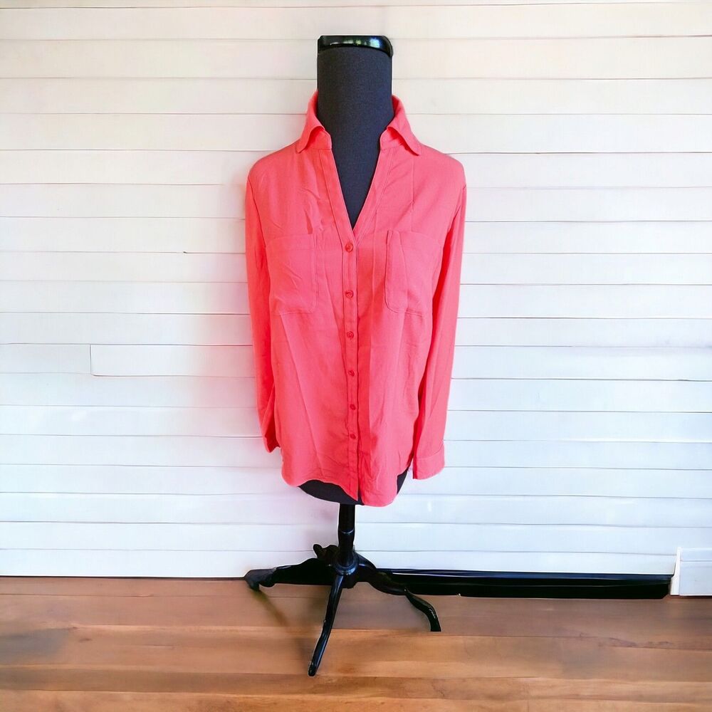 Talbots Nantucket Shirt Top Blouse Coral Semi Sheer Button Up Pockets Med Petite